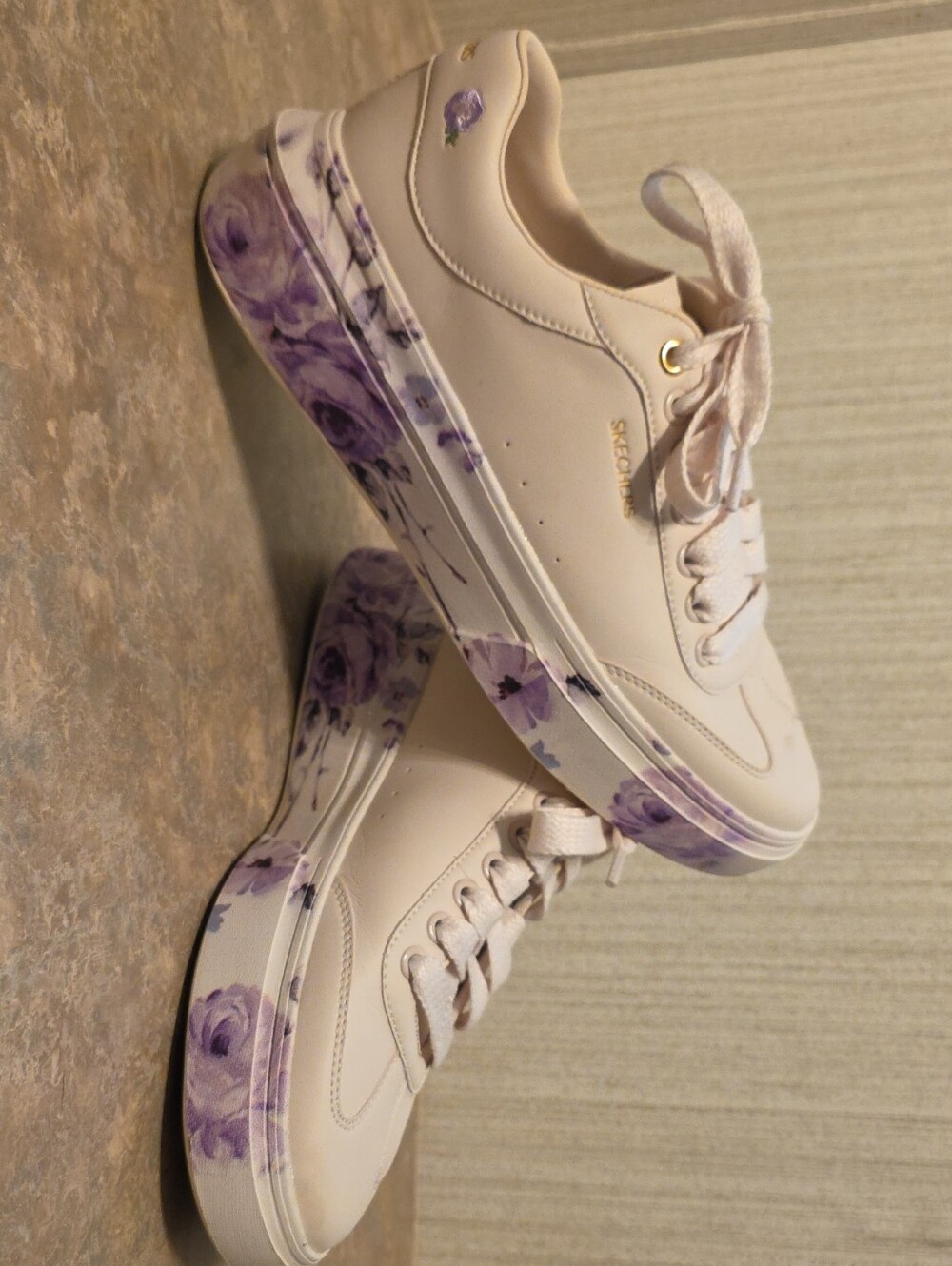 Skechers Women's Cream Sneakers with Purple Rose Print